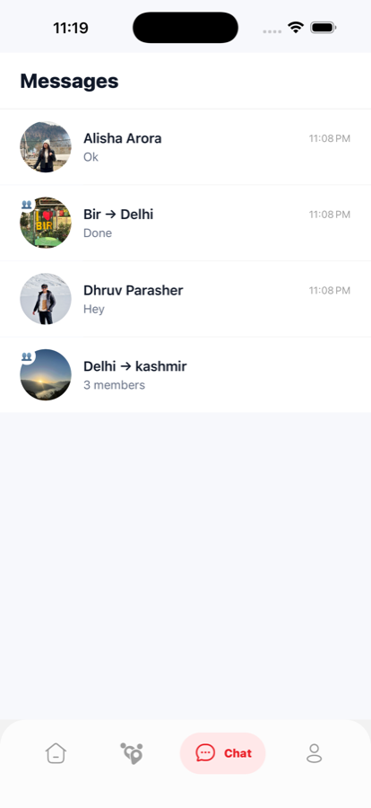 A WanderConnect chat between two matched travellers