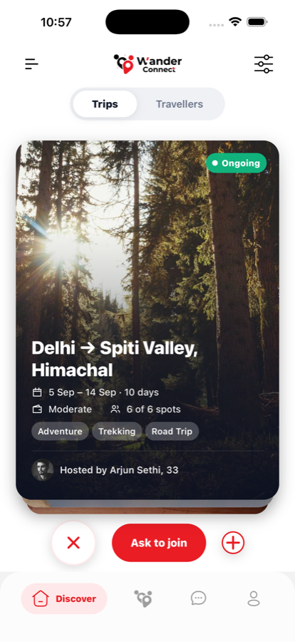 A group trip from Delhi to Spiti Valley with dates, spots left and an Ask to join button